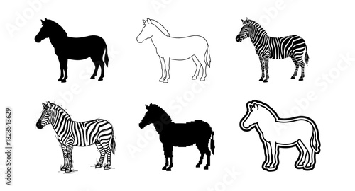 Diverse zebra and horse designs in silhouette, outline, and mosaic styles