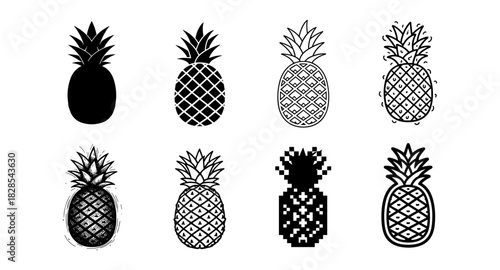Diverse pineapple designs: monochrome silhouettes and patterns