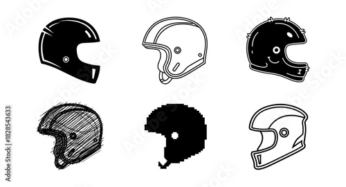 Variety of motorcycle helmets in different artistic styles and textures