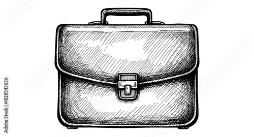 Hand drawn sketch of classic business briefcase with detailed crosshatch style