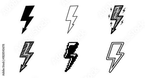Variety of lightning bolt styles featuring linear, sketch, and pixel designs