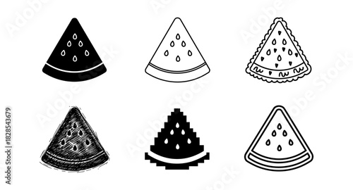 Watermelon slices in various artistic styles: line art to pixelated designs