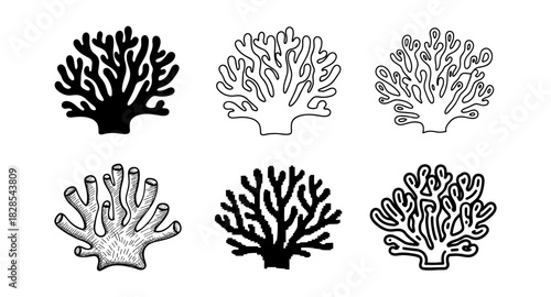 Stylized coral collection: hand drawn, silhouette, and pixel art designs