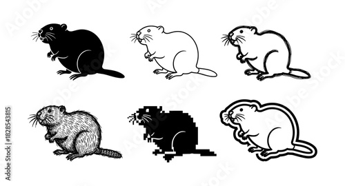Variety of beaver graphics: silhouette to pixel art designs