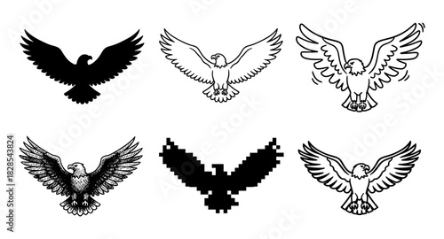 Variety of eagle designs: silhouette, pixel, sketch, and more in multiple styles