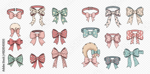 A collection of various pastel-colored bows and bow-shaped accessories with different patterns like polka dots, stars, and floral designs, suitable for decorative graphic resources.