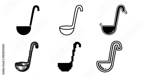 Collection of ladle icons in various styles for cooking design projects