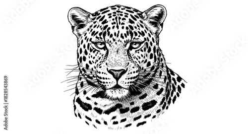 Detailed black and white leopard portrait art on white background