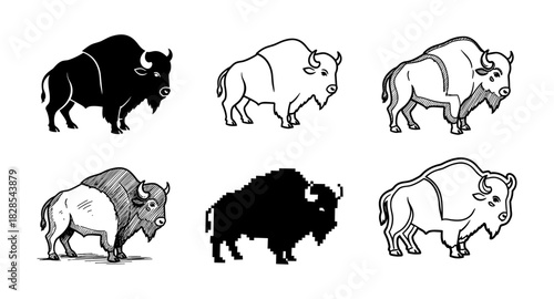 Set of bison designs: silhouette, linear, pixel, and hand-drawn styles