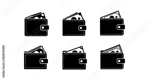 Black wallet icons in silhouette style with cash insert