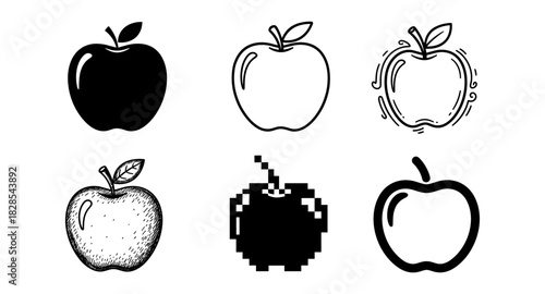 Diverse apple icons in linear, pixel, and sketch styles for design projects