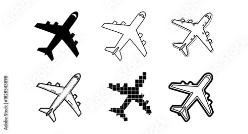 Variety of airplane silhouettes and outlines in different artistic styles