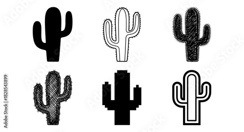 Various cactus designs in minimalist and pixel art styles