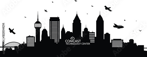 Detailed black silhouette of a modern metropolitan cityscape featuring iconic skyscrapers, a bridge, and flying aircraft, symbolizing urban development, technology, and global business centers