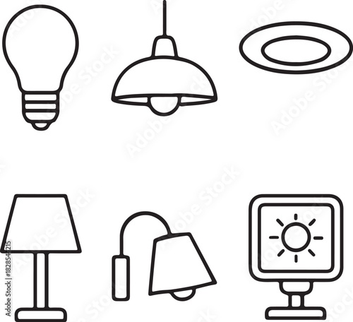 Collection of hand drawn light fixture icons for home and office illumination