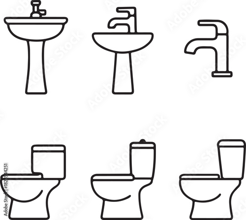 Collection of bathroom fixtures including sinks and toilets in a line drawing style