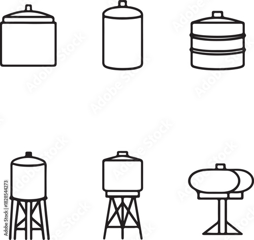 Collection of six different water tank illustrations on white background