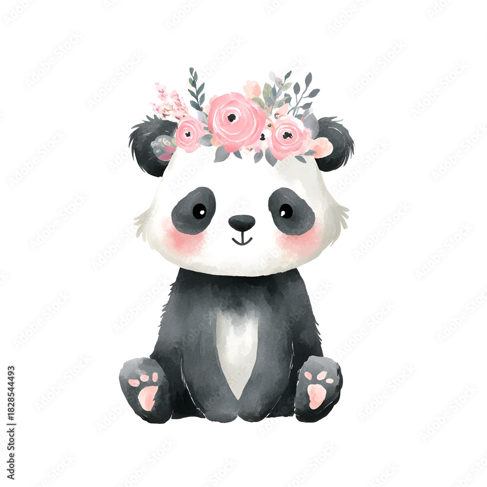 Naklejka premium Cute baby panda with pink floral crown adorable kawaii Valentine clipart