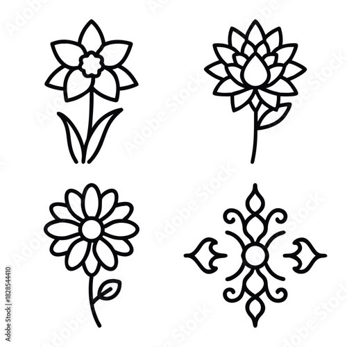 Set of Four Outline Icons: Compact Fluorescent Light Bulb, Ornate Christian Cross, Two People with Gift Bow/Ribbon, and Heartbeat/Pulse Line