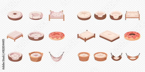 Collection of various cartoon pet beds and hammocks for cats and dogs.