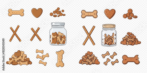 A collection of various dog treats and biscuits, including bone shapes, heart shapes, pellets, and sticks, some in a jar and some in piles.