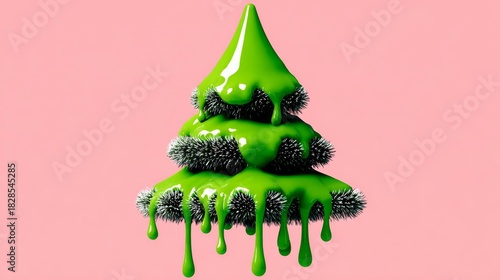 Unique 3D illustration of a vibrant green Christmas tree with dripping paint, set against a soft pink background, showcasing a playful and modern holiday design concept
