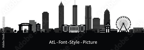 Detailed black silhouette of the Atlanta, Georgia, city skyline, featuring the State Capitol and SkyView Ferris Wheel, symbolizing southern business, US travel, and urban architecture