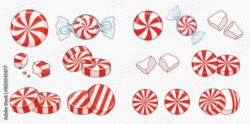 Collection of various red and white striped peppermint candies, some wrapped, some unwrapped, and some broken pieces, on a transparent background.
