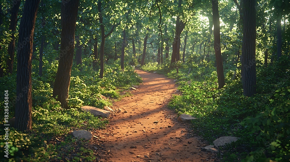 Fototapeta premium Empty winding dirt path through a lush green forest with dappled sunlight filtering through tall trees and vibrant foliage