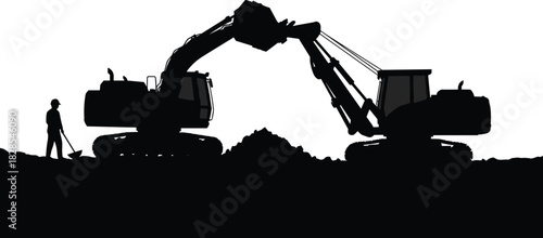 Detailed black silhouette scene depicting two heavy-duty excavators collaborating on a large pile of earth, overseen by a construction worker, symbolizing 