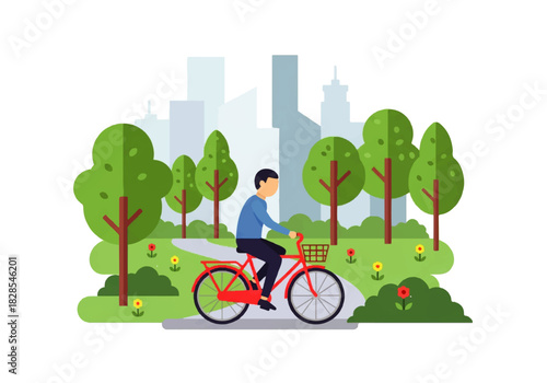 City Bike Ride: An individual enjoying a pleasant bike ride through an urban park, where a harmonious blend of nature and urban life. Reflecting both physical activity and tranquility. 