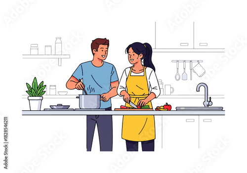 Culinary Companionship: A loving couple engages in the delightful act of preparing a meal together in a well-equipped kitchen. The scene exudes warmth and cooperation.