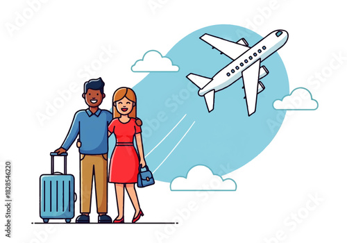 A Journey Awaits: A couple stands together with their luggage as an airplane flies overhead, symbolizing adventure, travel, and the beginning of a new chapter.