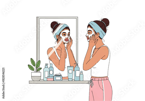 Self-Care Ritual: A young woman, wrapped in a towel, practices self-care through a skincare routine with beauty products. with fresh and healthy facial features.