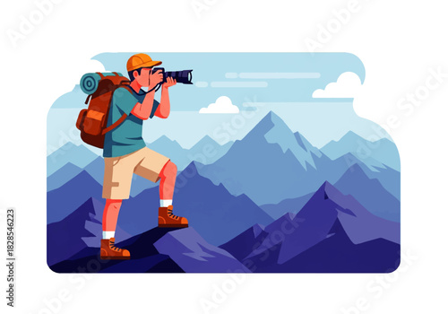 Mountain Photographer: A solo adventurer, camera in hand, captures a breathtaking vista of towering mountain peaks, embodying the spirit of exploration and photography