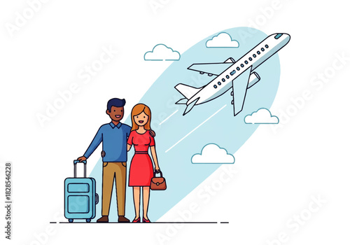 Couple's Journey Starts: A couple stands together with their luggage, ready for their upcoming travel. An airplane takes off in the background, set off their excitement and dreams