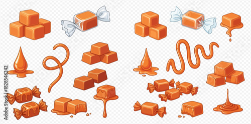 Set of delicious caramel candies, cubes, and liquid sauce elements, perfect for sweet dessert designs.