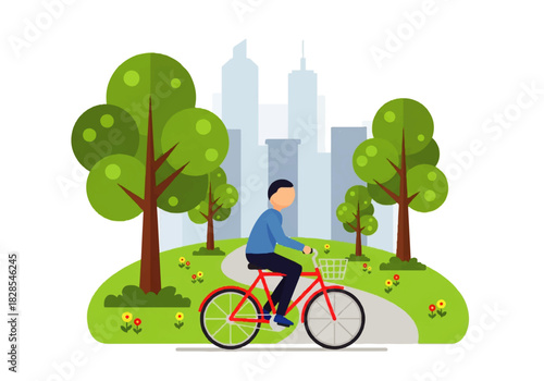 Cycling through City Park: A cyclist pedals leisurely through a vibrant city park, enjoying a beautiful day amid lush greenery and a stunning city skyline. 