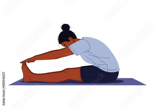 Serene Seated Stretch: A woman finds her center with a tranquil stretch, connecting to the flow of movement. Feel the serenity of mindful wellness.