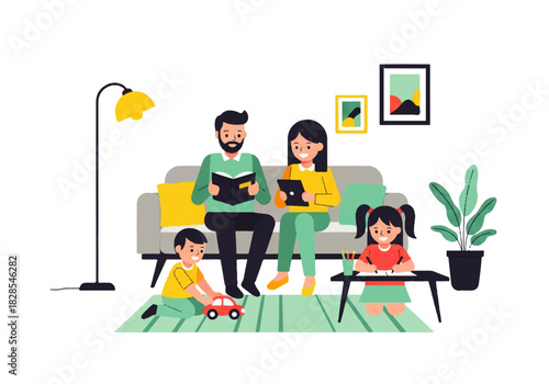 Family Leisure: A cheerful family engages in quality time at home, enjoying reading, drawing, and playing, showcasing unity and contentment within their shared space.