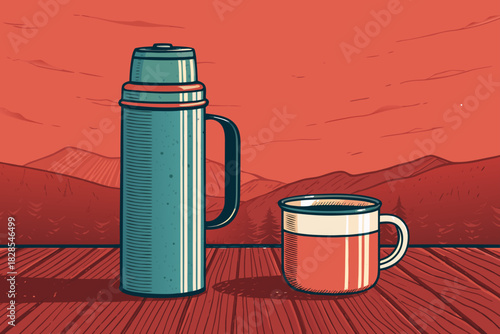 Stunning Bold Thermos Flask And Enamel Mug High-Quality Stock Image