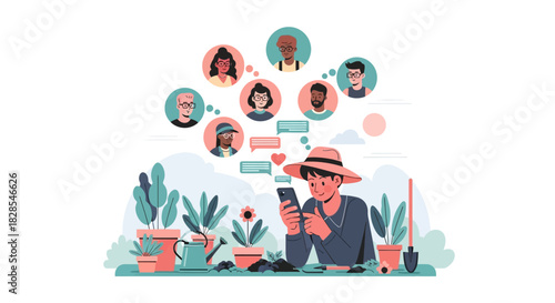 young woman engaging with friends through social media in a lush outdoor