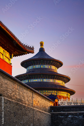 Hall of Prayer for Good Harvest ancient architecture sunset scenery at the Temple of Heaven in Beijing, China