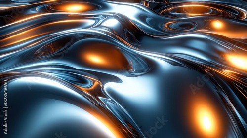 Fototapeta Naklejka Na Ścianę i Meble -  Abstract liquid metal waves with glowing orbs