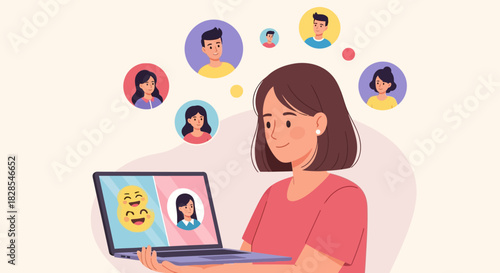 Young Woman Engaged in Video Call with Multiple Friends Using Laptop