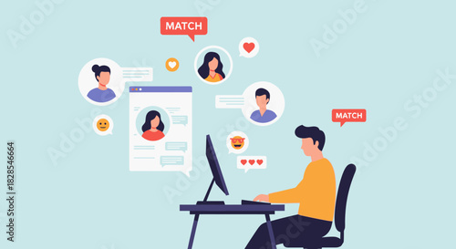 Digital matchmaking and online dating communication illustration showing chat