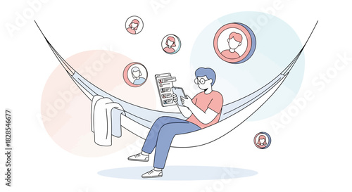 Young man engaging with social media on a mobile device while relaxing in a