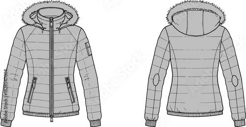 Detailed technical fashion sketch of women’s padded winter jacket with hood and faux fur trim, front and back view, insulated outerwear design illustration, apparel template