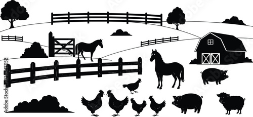 Detailed black silhouette scene illustrating a traditional rural farm, featuring a barn, wooden fences, 