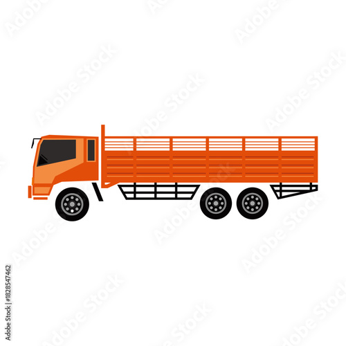 An illustration of a long, orange flatbed truck with high side railings and three axles, typically used for hauling goods